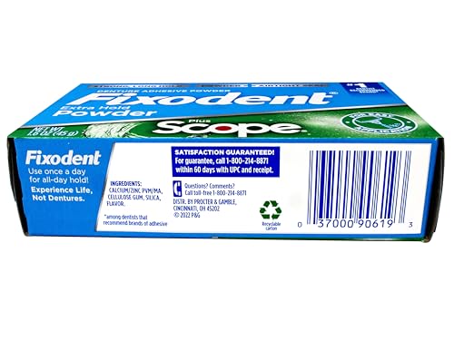 Fixodent Denture Adhesive Powder, Extra Strong, Plus Scope, Strong, Long Hold Powder, Airtight Seal, 1.6 OZ, Pack of 3