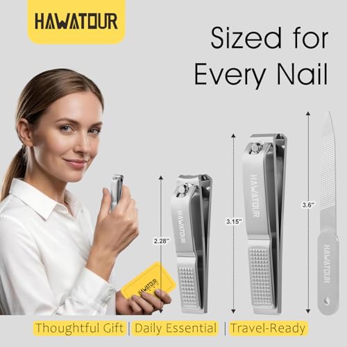HAWATOUR Nail Clippers 3-Piece Kit with Separate Nail File, Silver