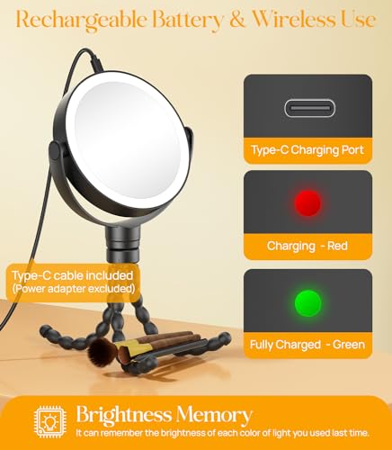 Gospire 5.85” Tripod Travel Makeup Mirror with Light and Magnification Black