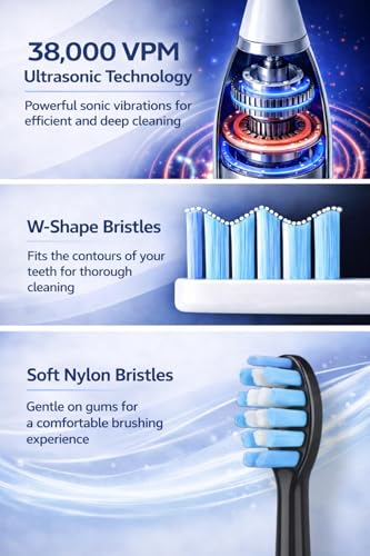 Sonic Electric Toothbrush for Adults – 38,000 VPM, 5 Brushing Modes, IPX7 Waterproof, 60-Day Battery, Fast Wireless Charging, 6 Replacement Heads, Travel Case, 2-Min Smart Timer (Black) Black
