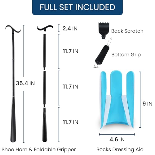 Premium 3 Dressing Aid Kit Shoe Horn Sock Aids for Putting on Long Handle Helper Seniors Assistant Device No Bending Disability Tool Pregnancy Scratcher Zipper Button Limited Mobility