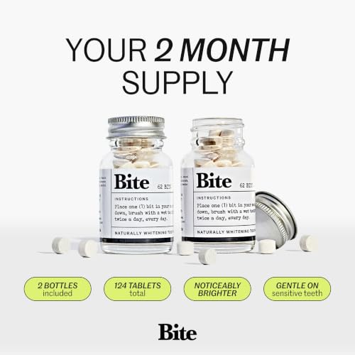 Bite Whitening Toothpaste Tablets – 2 Months – Fluoride Free, Nano Hydroxyapatite + Xylitol, Mint – Vegan, Cruelty-Free, Made in USA, Sensitive Teeth, Travel Size, Adults, Kids, (2 Bottles, 124 Tabs)