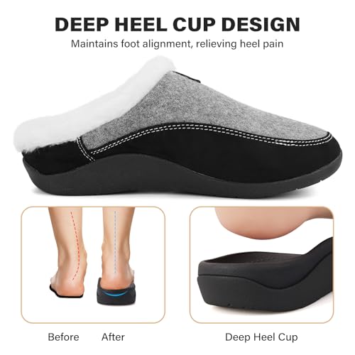 V.Step Orthopedic Slipper with Arch Support, Orthotic Slipper for Plantar Fasciitis Pain Relief,House Slipper for Man Women, Sherpa Lining Bedroom Slipper Shoe Indoor Outdoor Anti-Skid Rubber Sole 9 Wide Women/8 Men Grey