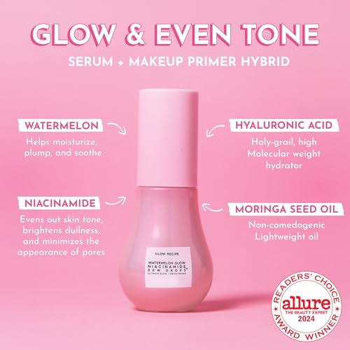 Glow Recipe Watermelon Niacinamide Dew Drops, Travel Size, Korean Niacinamide Serum Drops, Hydrating Face Serum + Primer & Liquid Highlighter, Hyaluronic Acid, Dewy Glow (15ml) 0.5 Fl Oz (Pack of 1)