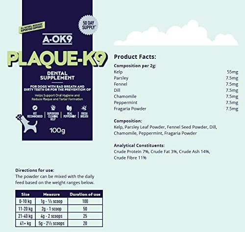 Plaque-K9 | Dental Care Supplement for Dogs | Removes Plaque, Bad Breath & Tartar | Support Oral Hygiene | Natural Ingredients & Superfoods | Mix with Dog or Puppy Food | Absolute Dogs 1 pouch