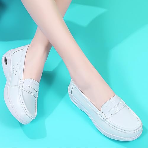 Women's Air-Cushion Orthopedic Slip-On Nurse Shoes Fashion Round-Toe Wedge Heel Thick-Soled Comfortable Arch Support Walking Loafers 5 White