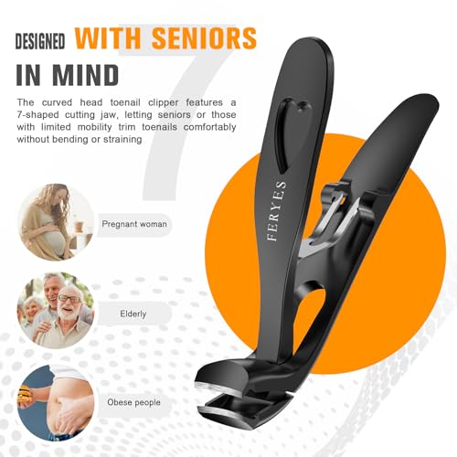 FERYES 3PCS Nail Clippers Set – Long Handled Angled Toenail Clipper for Thick Nails for Seniors, Straight Blade Toe Nail Clippers for Tough Nails, and Curved Blade Fingernail Clippers for Men & Women