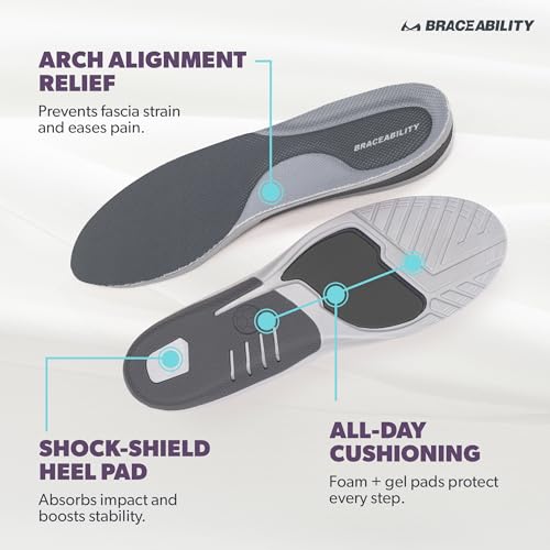 BraceAbility Plantar Fasciitis Day and Night Relief Bundle - Heavy-Duty Arch Support Orthotic Insoles and Dorsal Night Splint for Heel Spurs, Achilles Tendonitis, Foot Pain Support (M)