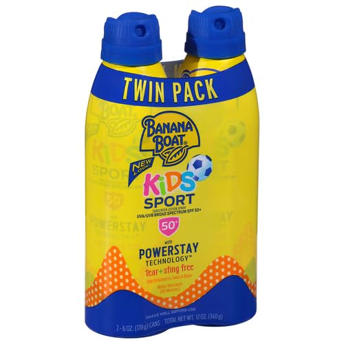 Banana Boat Kids Sport Sunscreen Spray SPF 50, Twin Pack | Kids Sunscreen Spray, Kids Sunblock Spray, Oxybenzone Free Sunscreen for Kids, Spray Sunscreen SPF 50, 6oz each 12 Fl Oz (Pack of 1) 6 Ounce (Pack of 2) - BeesActive Australia