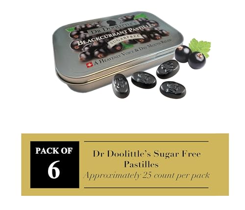 Dr. Doolittle’s Sugar Free Soft Fruit Pastilles for Voice and Throat, Blackcurrant Flavor, 2.12 Ounce Tin, Approximately 25 Count Package, 6 Pack