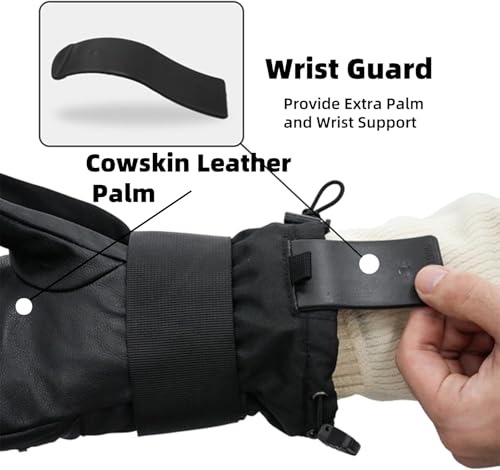 VXW Snowboard &Ski Mittens with Wrist Guard and Leather Palm, Waterproof & Windproof 3M Mittens for Snowboarding Skiing in Extreme Cold Weather X-Large Black