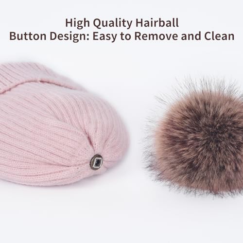 Winter Beanie Hat Scarf Gloves Set for Women, Classic Beanie with Removable Pom Pom Long Scarf Touchscreen Gloves 3 in 1 Set Pink