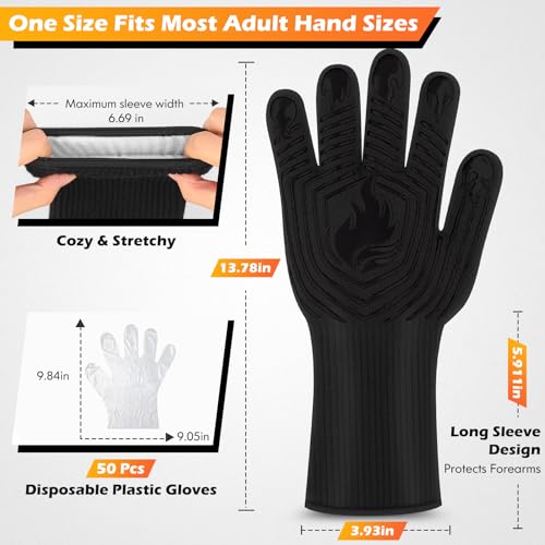 BBQ Gloves, 1472°F Heat Resistant Fireproof Silicone Oven Mitts, Black