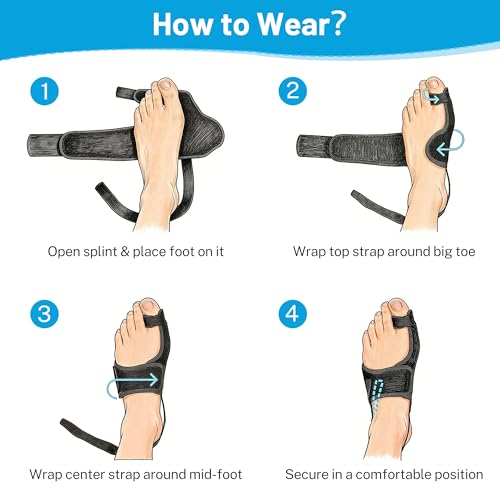 Hallux Valgus Corrector for Men and Women - Bunion Correction Splint with Adjustable Straps, Big Toe Straightener for Pain Relief, Day & Night Use, Soft Polyester Fabric, 1 Pair (Black)