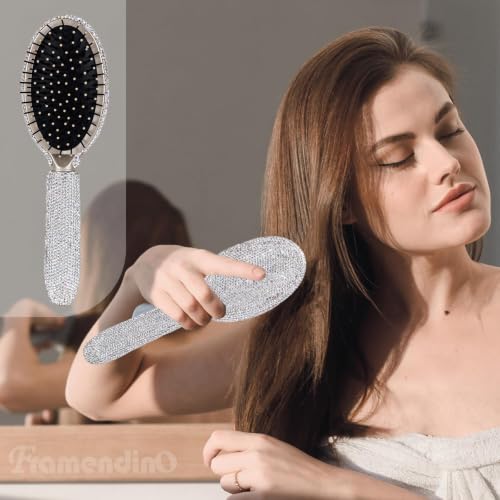Framendino, Rhinestone Heart-Shaped Handheld Mirror and Bling Hair Brush Set for Women