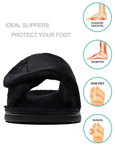 SOLLBEAM Women's Plantar Fasciitis Fuzzy House Orthopedic Adjustable Slippers With Arch Support Orthotic Heel Cup Sandals For Ladies 11 Black