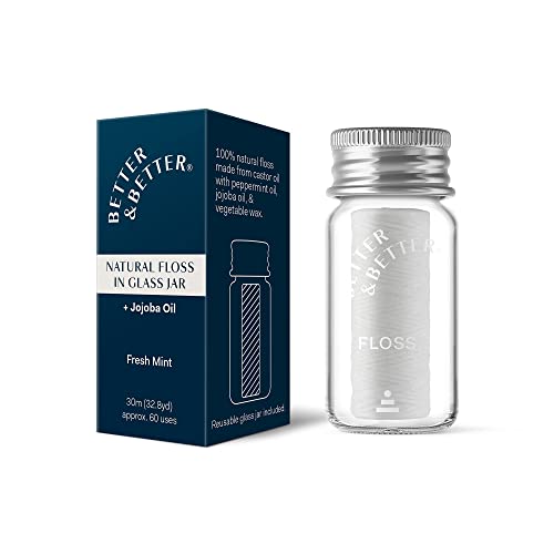 Better & Better Natural Floss in Refillable Glass Jar | 100% Plant-Based Waxed Dental Floss | with Natural Jojoba Oil & Peppermint, Zero Plastic | 3 Floss Bobbins (Each 30m/32.8yd)
