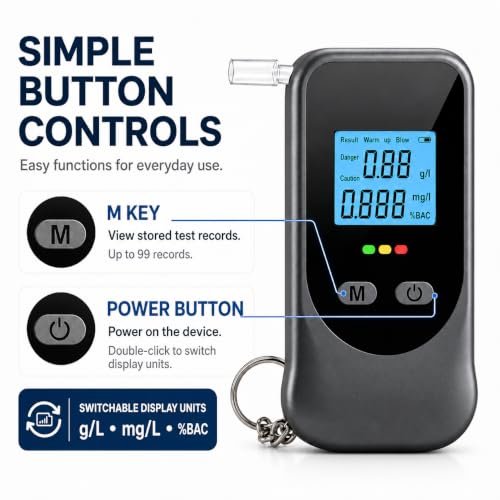 Breathalyzer Alcohol Tester with Keychain, Portable BAC Tester Black