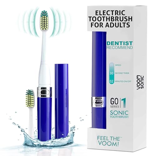 Voom Sonic Go 1 Series Travel Electric Toothbrush + 4PK Brush Heads, Travel Toothbrushes - Battery Operated Toothbrush for Adults & Kids, Portable with 2 Minute Timer (Royal Blue)