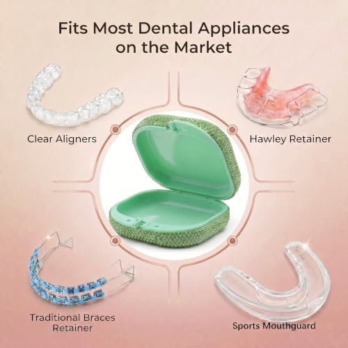 Bling Retainer Case Cute Mouse Guard Case Dental Partial Retainer Container Diamond Slim Night Guard Holder with Clip for Travel(Green) green