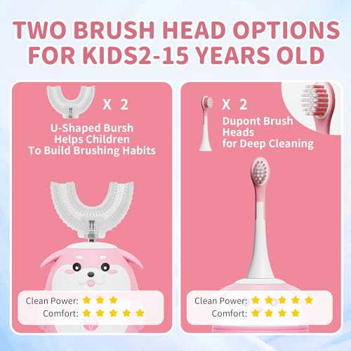 Kids Electric Toothbrush, U Shaped Auto Brush Design 2-7 Age Pink Pink 2-7