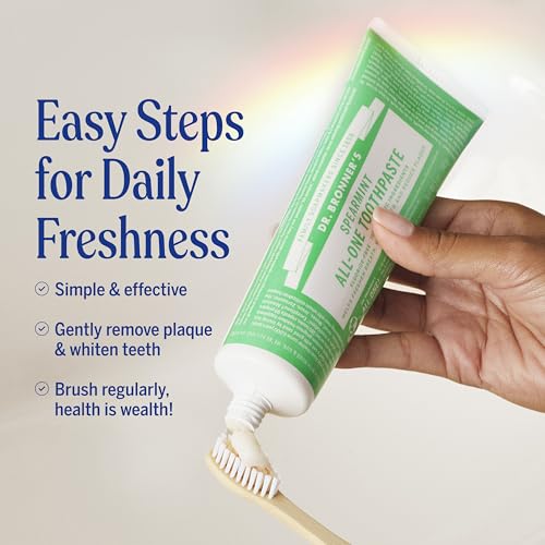 Dr. Bronner’s All-One Toothpaste Pack of 3– Spearmint, 5 oz– Fluoride-Free Toothpaste for Adults, SLS-Free, 70% Organic & Natural Ingredients, Vegan, Helps Freshen Breath & Reduce Plaque 5 Ounce (Pack of 3)