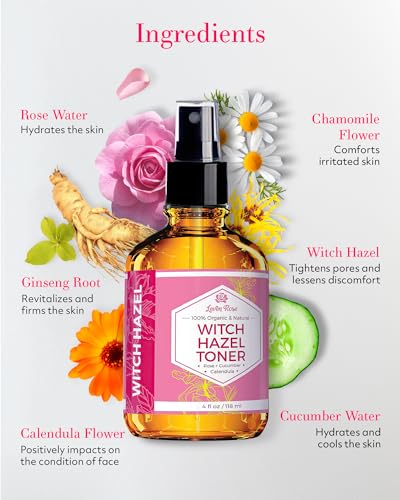 Witch Hazel Alcohol Free Toner by Leven Rose, 100% Pure Organic Facial Rose Water with Rose Petals, Calendula, Cucumber, and Chamomile Flower 4 oz 4 Fl Oz (Pack of 1)