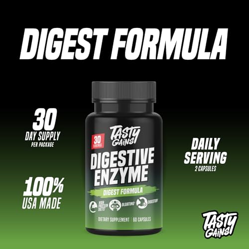 TASTY GAINS - Digestive Enzymes - Complete Digestive Enzymes Supplement for Gut Health, Bloating Relief for Men and Women - Food Discomfort Relief & Debloat (60 Capsules)
