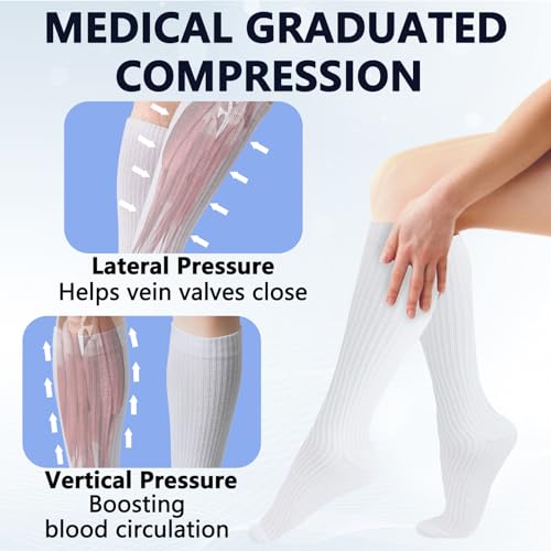 '+MD Cotton Compression Socks for Women & Men 4/6 Pairs 15-20mmHg Knee High for Sports, Travel, Nursing Long Sitting Standing 9-11 4 Pairs White Cushion 15-20mmhg