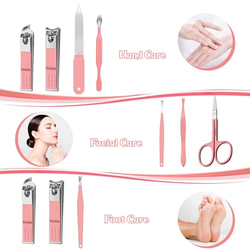 Manicure Set 8 in 1 Nail Clipper Set,RedFlow Nail Clippers,Fingernail & Toenail Clippers,Manicure Tools,Pedicure Tools,Suitable for Travel Manicure Kit,Nail Set Kit with Everything Profe (Pink) Pink