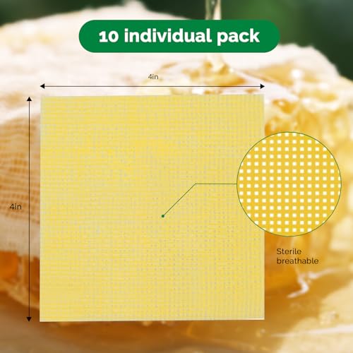 Greetmed Honey Gauze Wound Dressing 4" x 4" Medical Grade Manuka Honey Wound Care Pads Honey Bandages for 1st & 2nd-Degree Burns, Abrasions, Cuts and Scalds (Individually Pack of 10) 4“ x 4”(10 Packs)