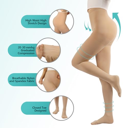 Compression Pantyhose Stockings for Women Men, 20-30 mmHg Medium Beige