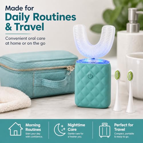 U Shaped Electric Toothbrush for Adults - Ultrasonic Automatic 360° Mouth Cleaning Toothbrush, Hands-Free Full Mouth Sonic Toothbrush with 5 Modes, IPX7 Waterproof Rechargeable (Turquoise)