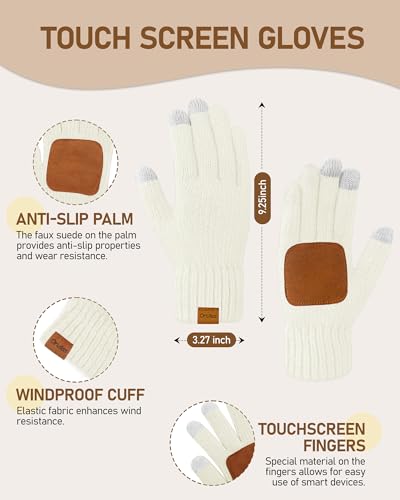 Women Winter Beanie Hat Scarf Gloves Headband Set, Fleece Lined Hat Ear Warmer Knit Long Scarf Touchscreen Gloves 4 Gift Set One Size White