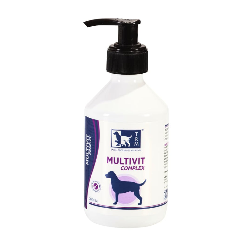 TRM PET Multivit Complex (200ml). Balanced complementary feed containing essential vitamins and minerals needed for general good health, energy and vitality. Suitable for all breeds and ages of dogs. 200ml