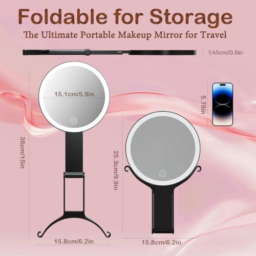 Travel Makeup Mirror with Lights & Foldable Stand, 6" Double Sided 1X/10X Magnifying Portable Lighted Hand Mirror for Men Women, 1X for Full Face & 10X Basic Magnification for Apply Eyebrow Black(1/10x)