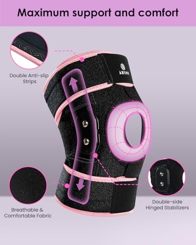 ABYON Lightweight Hinged Knee Brace for Meniscus Tear, Arthritis, ACL, MCL Pain – Adjustable 360° Wraparound Strap & Dual-Side Stabilizers for Maximum Knee Support & Injury or Surgery Recovery for Men and Women X-Large Black-Pink