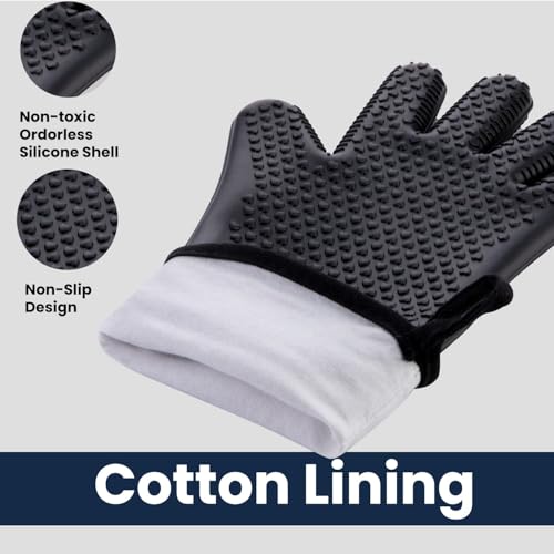 GEEKHOM BBQ Gloves Heat Resistant, 13.7 Inch Long Waterproof Silicone Oven Mitts for Grilling and Smoker, Non-Slip 5 Finger Kitchen Hot Mitts for Baking, Cooking & Cast Iron, Black Large