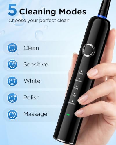 Rtauys Rotating Electric Toothbrush for Adults with 8 Brush Heads (2 Types), 5 Modes Rechargeable Power Toothbrush with Travel Case and 2 Minute Smrte Timer Black