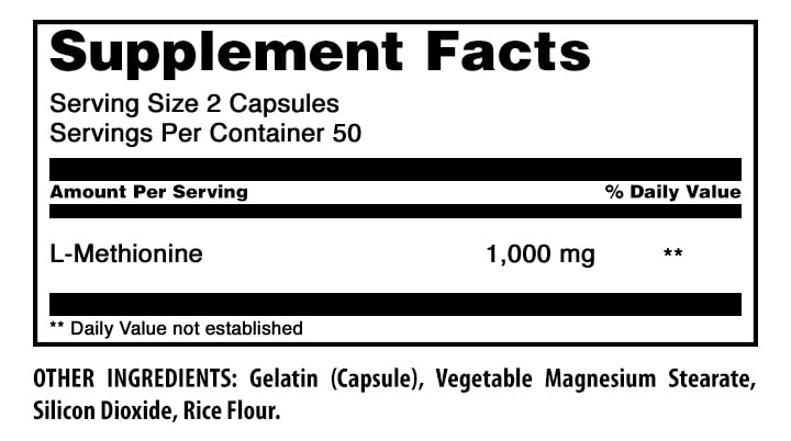 Amazing Formulas L-Methionine Supplement | 1000 Mg per Serving | 100 Capsules | Non-GMO | Gluten-Free | Made in USA 100 Count (Pack of 1)