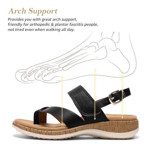 Littleplum Women's Orthopedic Arch Support Sandals Comfortable Thong Flip Flops Adjustable Ankle Strap Open Toe Walking Flat Sandals 8.5 Classic Black