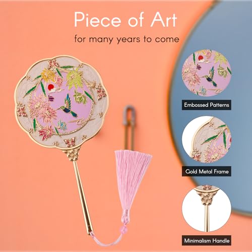 Hand Mirror, Handheld Mirror with Hummingbird Embossed Patterns (Metal), Unique Gifts for Women Birthday Gift for Women Mom Her, Elegant Cosmetic Mirror (Gold)