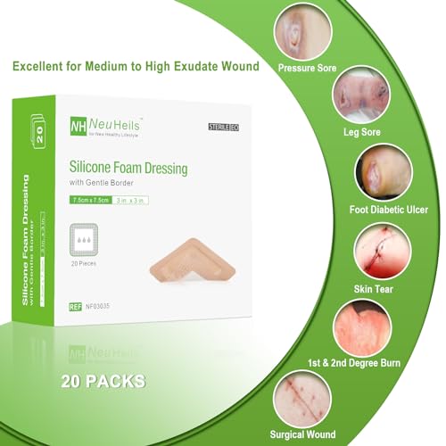 NeuHeils Silicone Foam Dressing for Bed Sores 3x3 Inch, 20 Pack with Border 3''x3'' (Pack of 20)