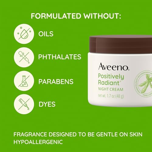 Aveeno Positively Radiant Moisturizing Face & Neck Night Cream with Tone Correcting Soy & Niacinamide,Night Cream Targets Dull Skin-& Evens Skin Tone-& Texture,Hypoallergenic,1.7 oz,(Pack of 2) 1.7 Ounce (Pack of 2)