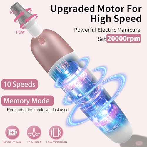 Cordless Electric Nail File Set, Professional Manicure Pedicure Kit with Memory Modes, 10 Speed Portable Nail Drill Machine, Pedicure Tools for feet, Hand Foot Care Tool for Thick Nail Toenail Cuticle Pink-Standard