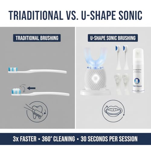 All-in-One U-Shaped Toothbrush for Adults, Ultrasonic Clean & Blue LED Light, Rechargeable with Charging Base (White)