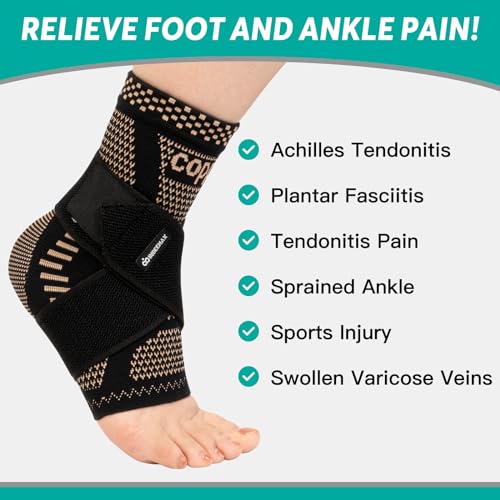 INDEEMAX Ankle Brace for Sprained Ankle Compression Sleeve, 2 Pack Copper Infused Ankle Support Brace for Women & Men, Plantar Fasciitis Relief Achilles Tendonitis, Sports Running, Copper Black, L Large