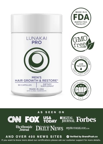 Lunakai USA Made Hair Vitamins for Men - 19 Nutrient with Marine Collagen, Saw Palmetto & Keratin - Daily Hair Loss & Regrowth Support - 90 Capsules