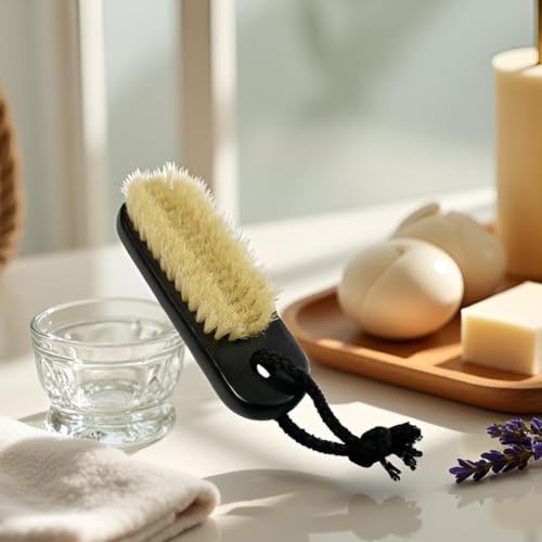 NewFerU Wooden Nail Brush Cleaner Black with 100% Natural Boar Bristles Black With Rope
