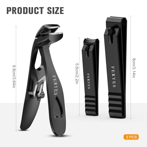 FERYES 3PCS Nail Clippers Set – Long Handled Angled Toenail Clipper for Thick Nails for Seniors, Straight Blade Toe Nail Clippers for Tough Nails, and Curved Blade Fingernail Clippers for Men & Women